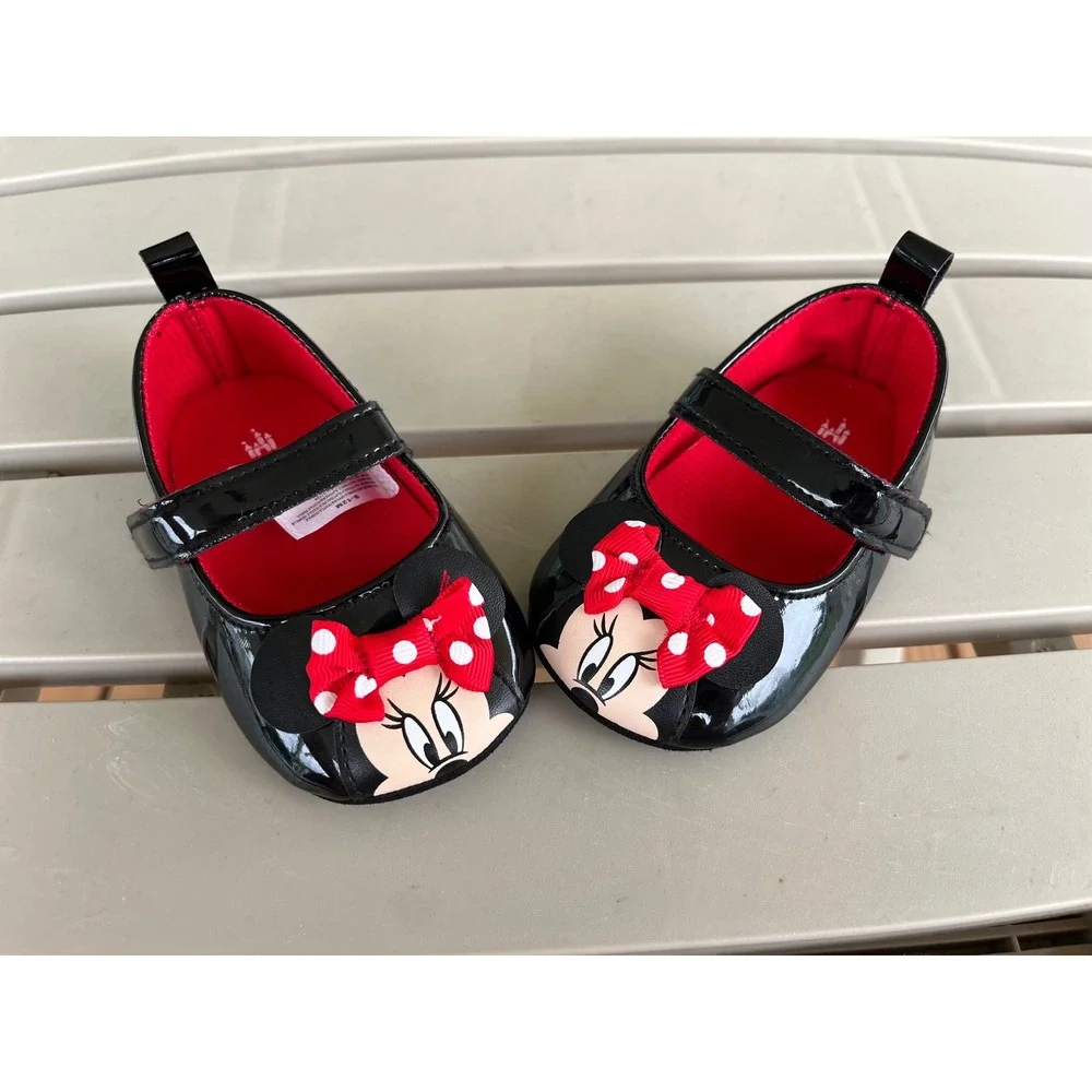 Disney Baby Minnie Mouse‎ Mary Jane Black Patent Crib Shoes Red Polka Dot 6-12M
